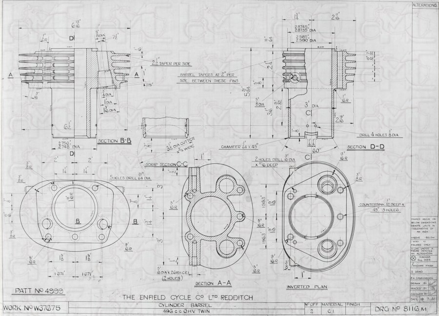 Technical drawing of a 500 Twin cylinder barrel, July 1951